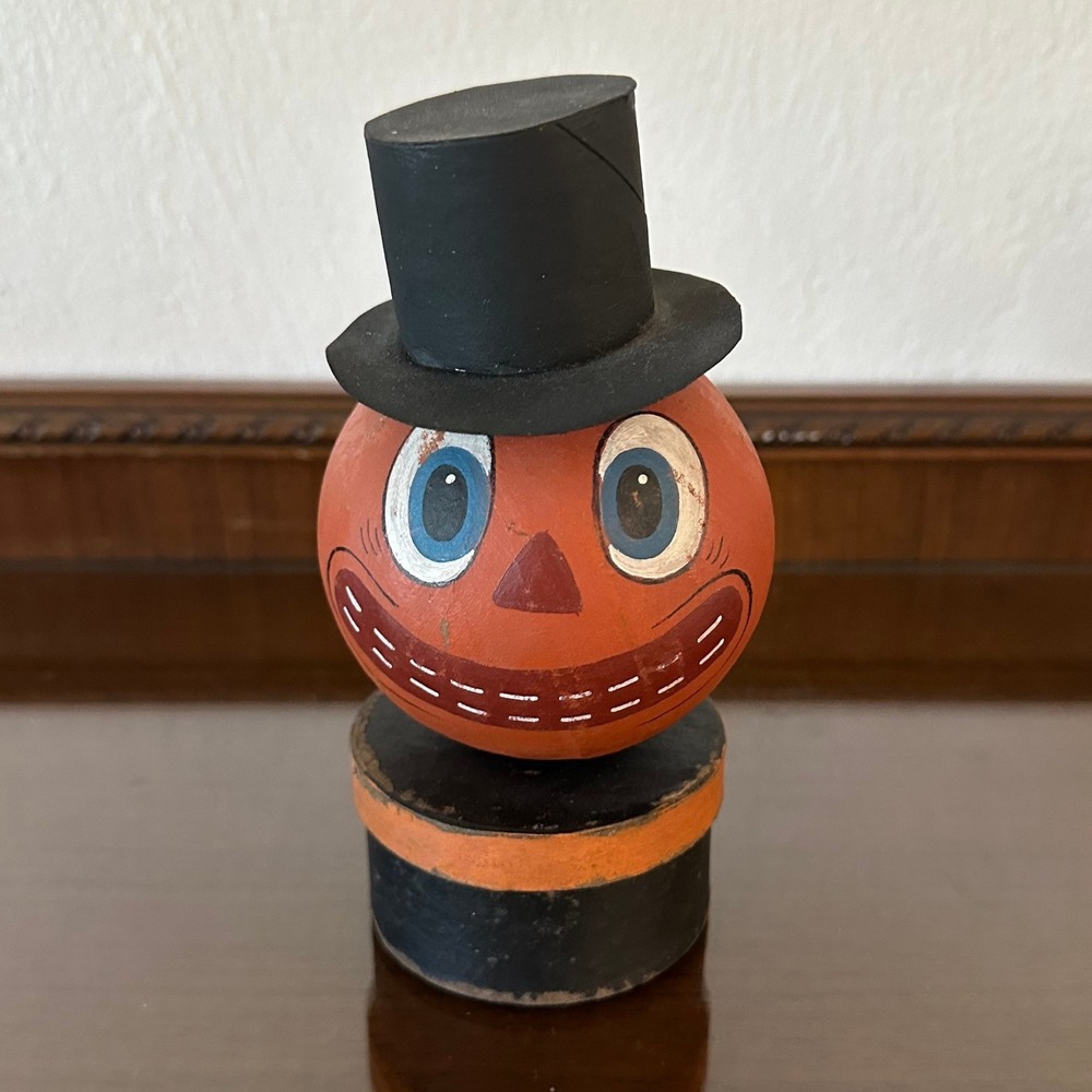 Vintage Halloween Pumpkin Candy Container Top Hat Jack-O-Lantern Folk Art 7"